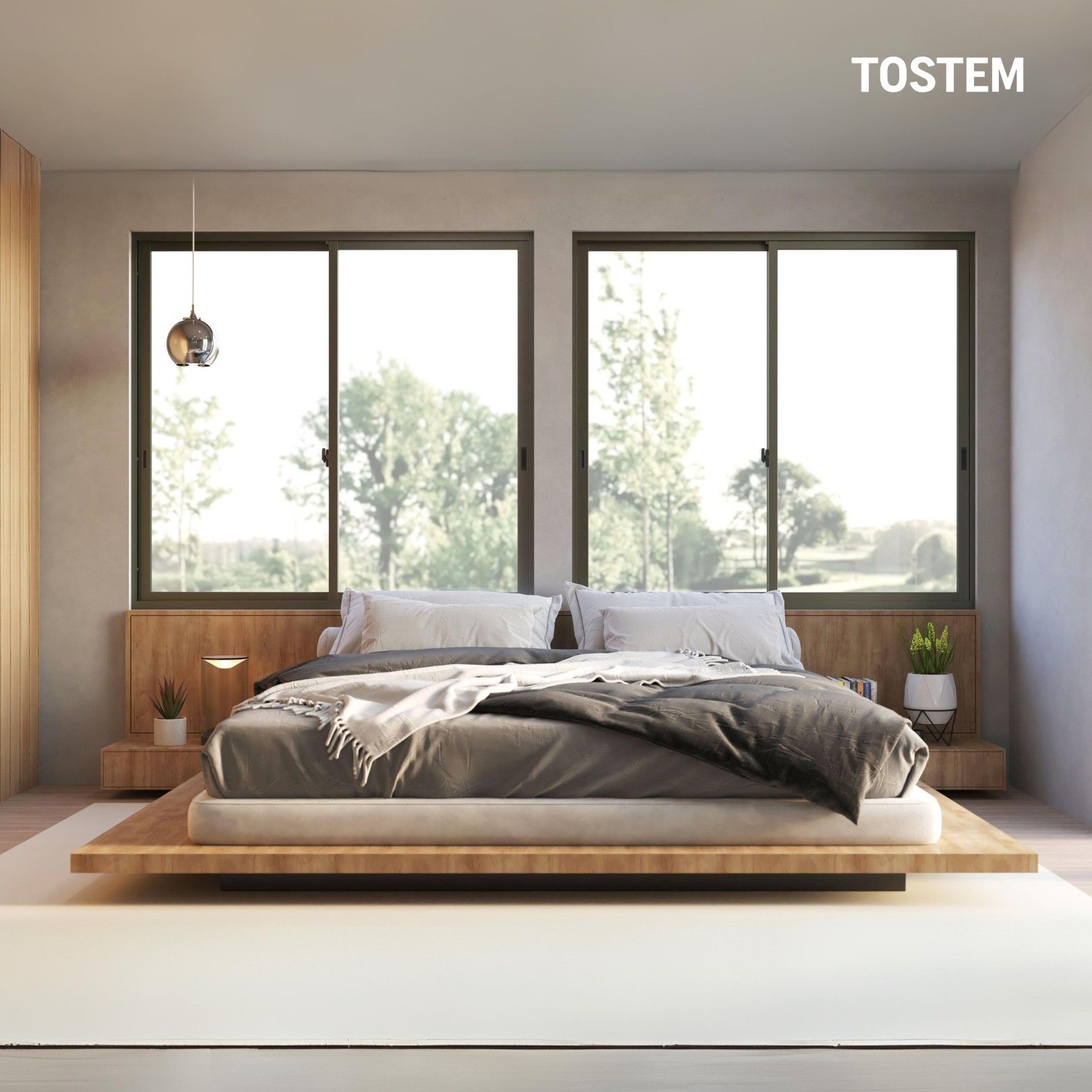 Cửa sổ trượt của TOSTEM mở rộng ra sân vườn cho không gian phòng ngủ thêm nhiều ánh sáng tự nhiên