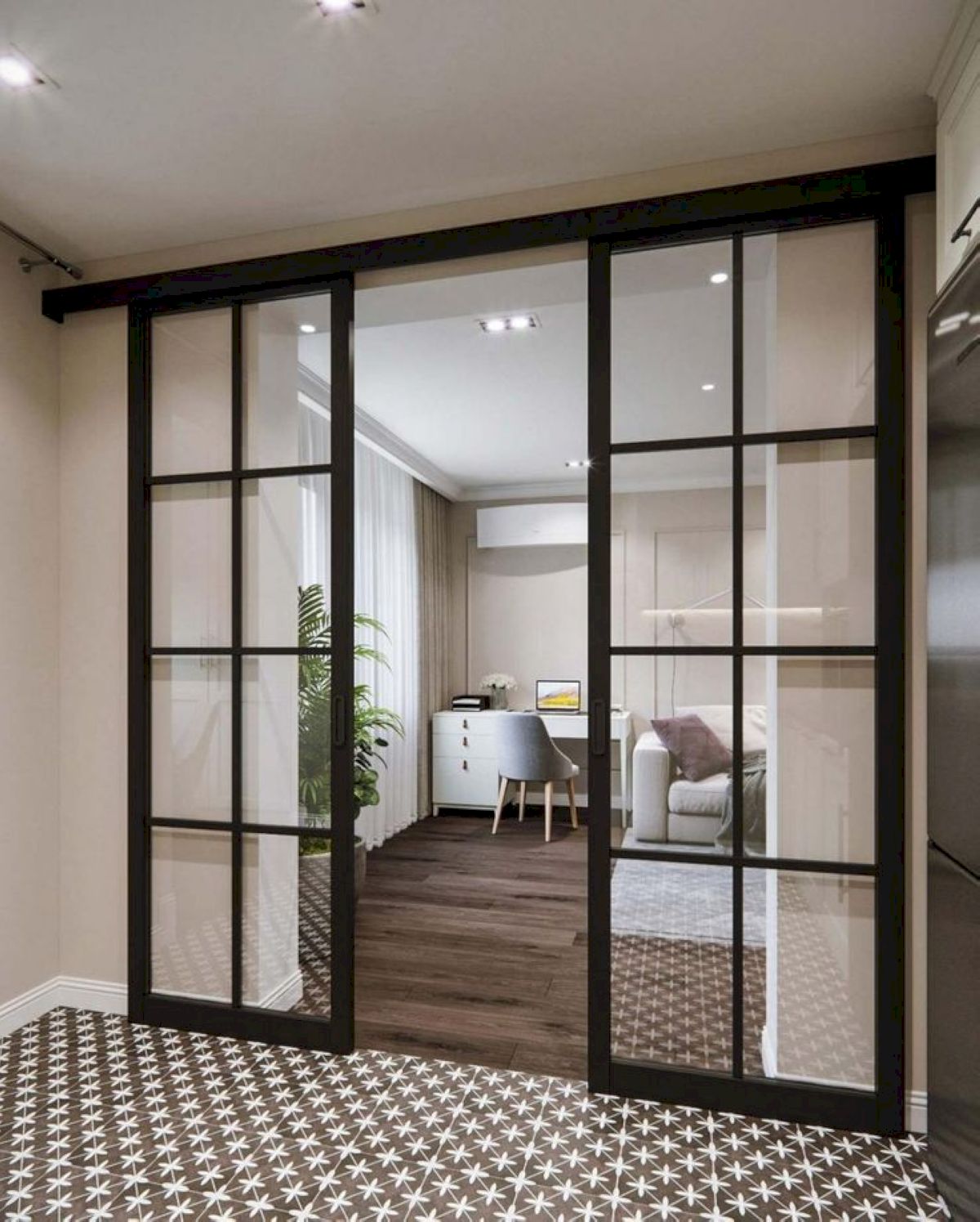 Thiết kế cửa đi mở trượt 2 cánh 1 ray cho căn hộ hiện đại