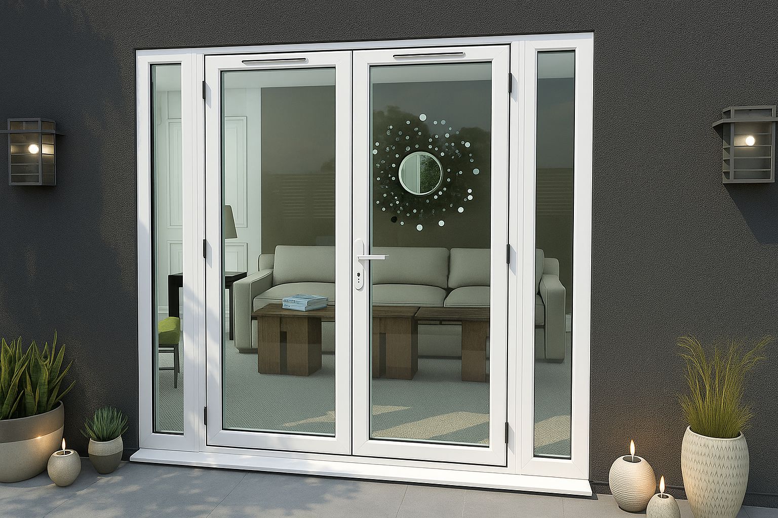 Một thiết kế cửa đi chính mở quay 2 cánh lệch sang trọng và thông thoáng