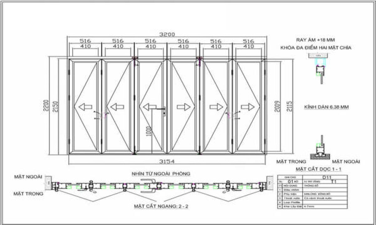 Cấu tạo chung của cửa xếp trượt 6 cánh