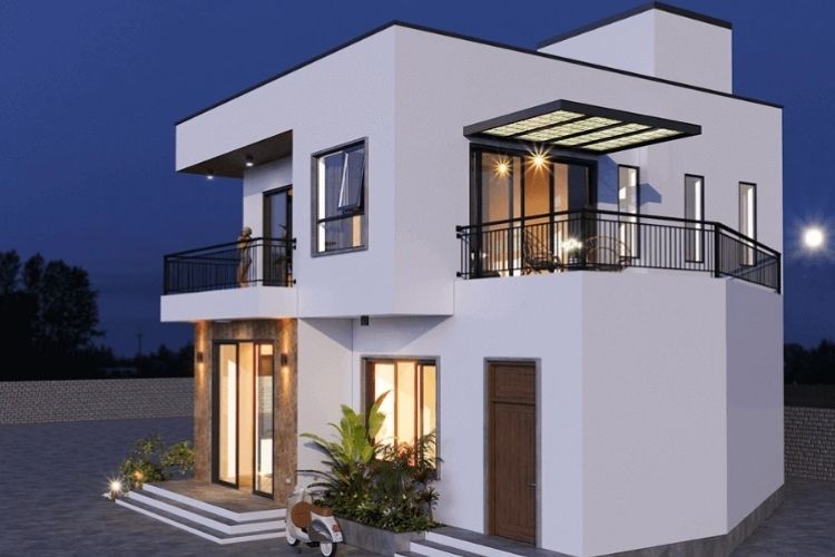 Mẫu nhà mái bằng 2 tầng kết hợp cùng cửa nhôm kính hiện đại