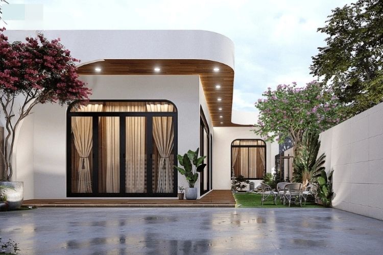 Thiết kế nhà chữ L hiện đại bố trí khu vực bàn trà bên hông