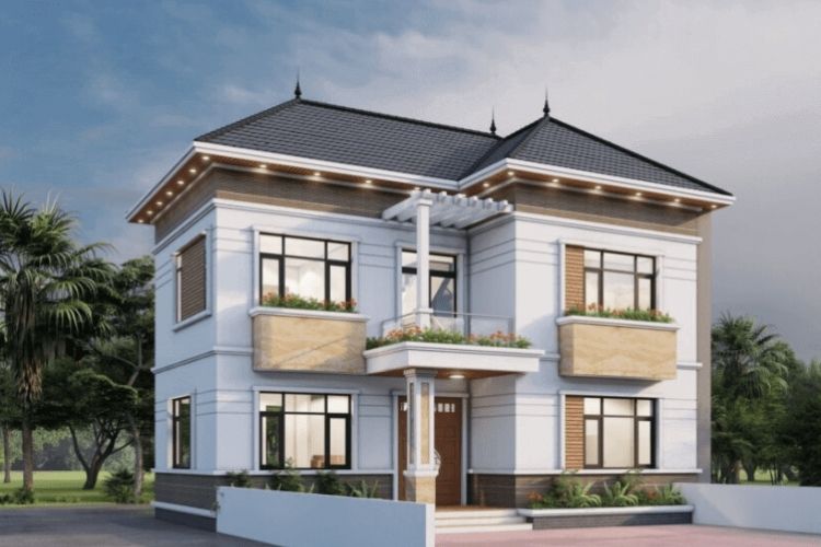 Mẫu nhà 2 tầng chữ L kết hợp hệ thống bồn hoa