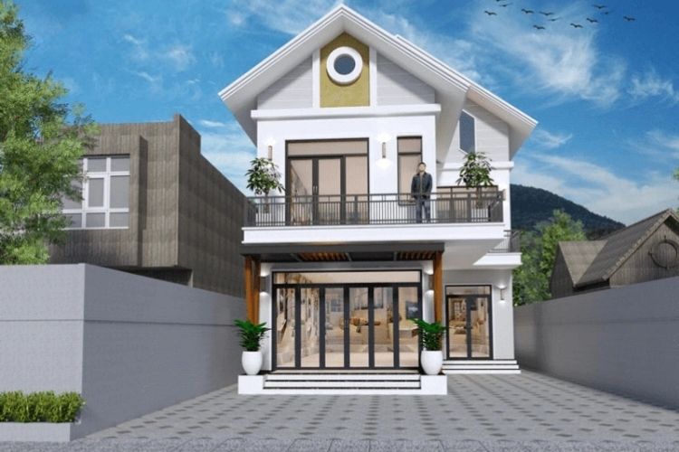 Mẫu nhà chữ L 2 tầng lắp đặt cửa nhôm kính tạo cảm giác thông thoáng