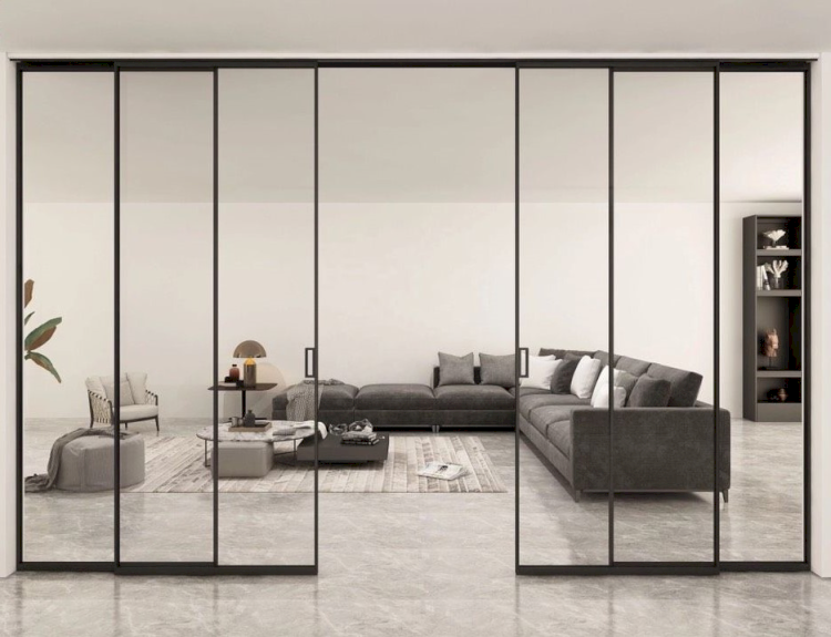 Cửa trượt treo 4 cánh ngăn phòng khách và không gian chung