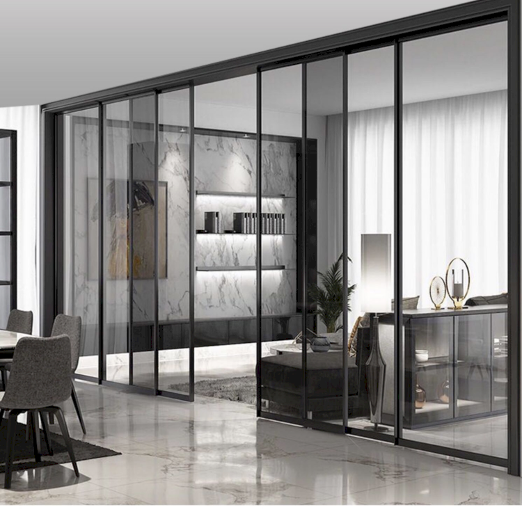 Cửa trượt treo 6 cánh ngăn cách không gian phòng khách và phòng ăn