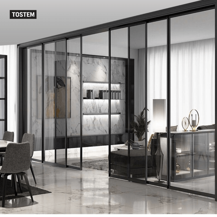 Hệ cửa trượt treo 4 cánh lớn ngăn phòng bếp và phòng khách