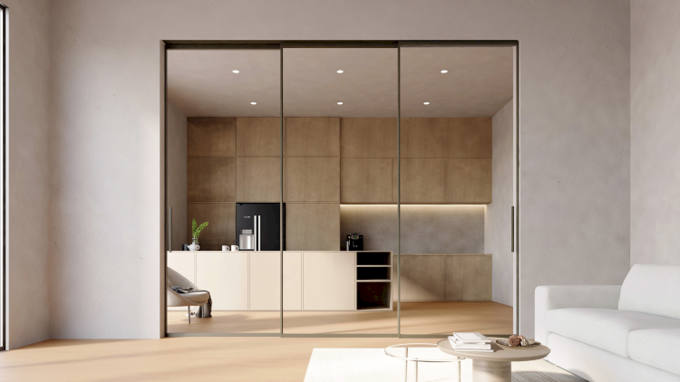 Mẫu của nhôm trượt ray trên của TOSTEM thiết kế tối giản, sang trọng