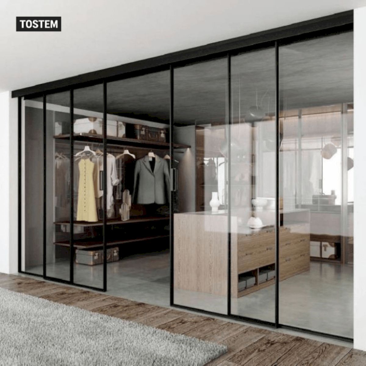 Vách ngăn nhôm kính cửa lùa phân chia khu vực thử đồ và phòng ngủ thiết kế trang nhã, tối ưu diện tích