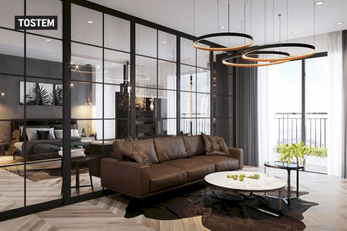 Mẫu vách nhôm kính cửa lùa ngăn phòng ngủ - phòng khách TOSTEM thiết kế tinh tế, hiện đại