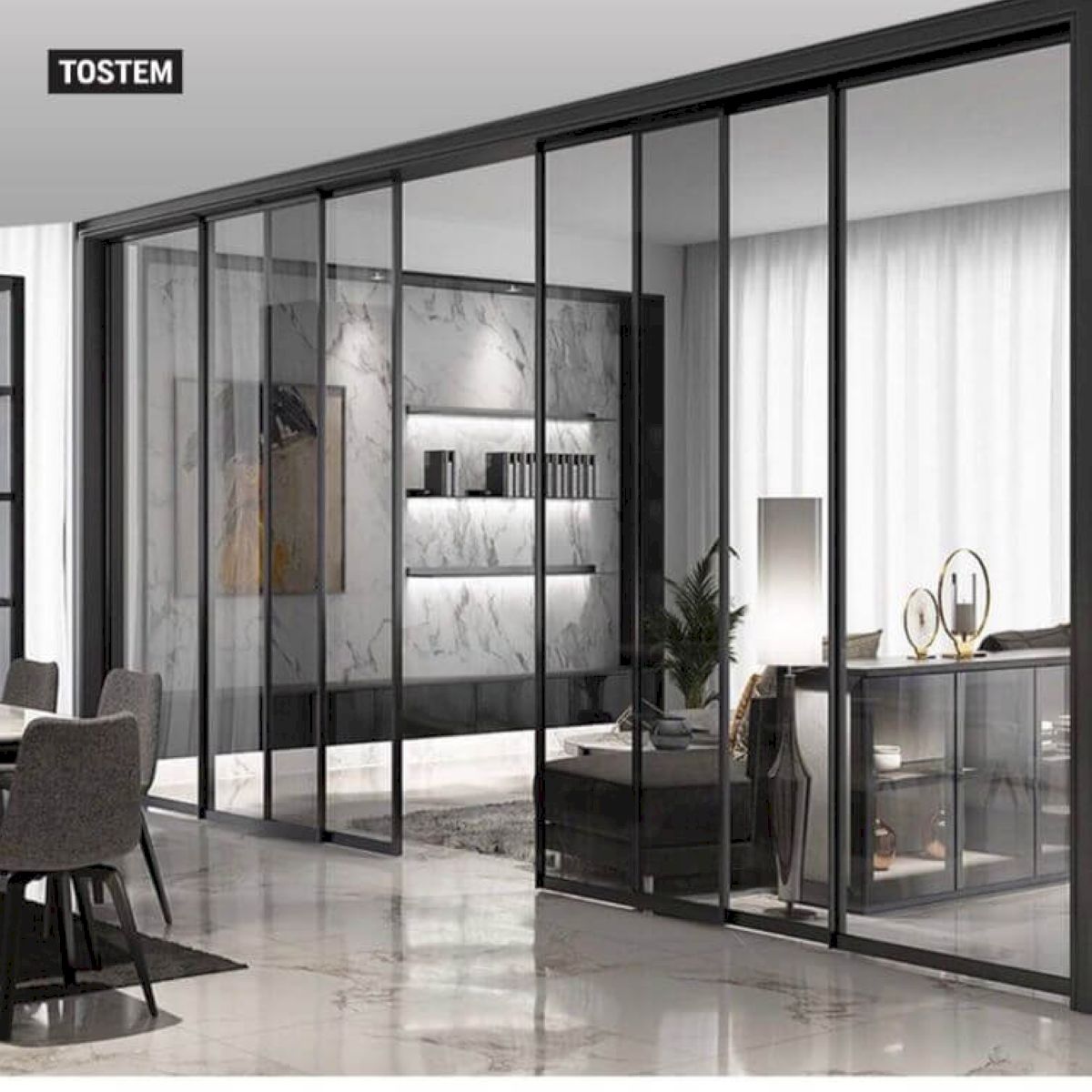 Vách ngăn nhôm kính cửa lùa TOSTEM giúp phân chia không gian linh hoạt, nâng tầm thẩm mỹ
