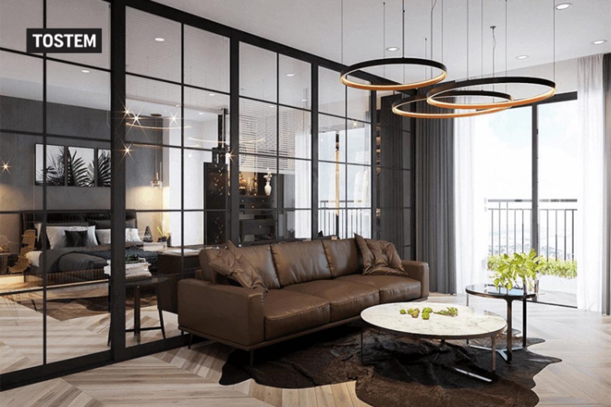 Mẫu vách ngăn nhôm kính cửa lùa TOSTEM ngăn phòng ngủ - phòng khách tinh tế.