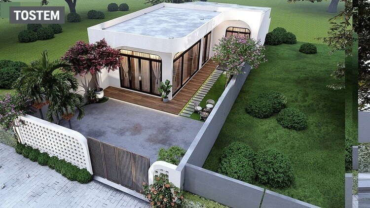 Nhà chữ L với sân trước rộng tạo không gian sinh hoạt ngoài trời thoáng đãng