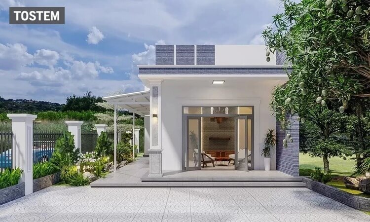 Mẫu nhà cấp 4 đơn giản, tiện nghi khi kết hợp cửa đi 4 cánh nhôm kính