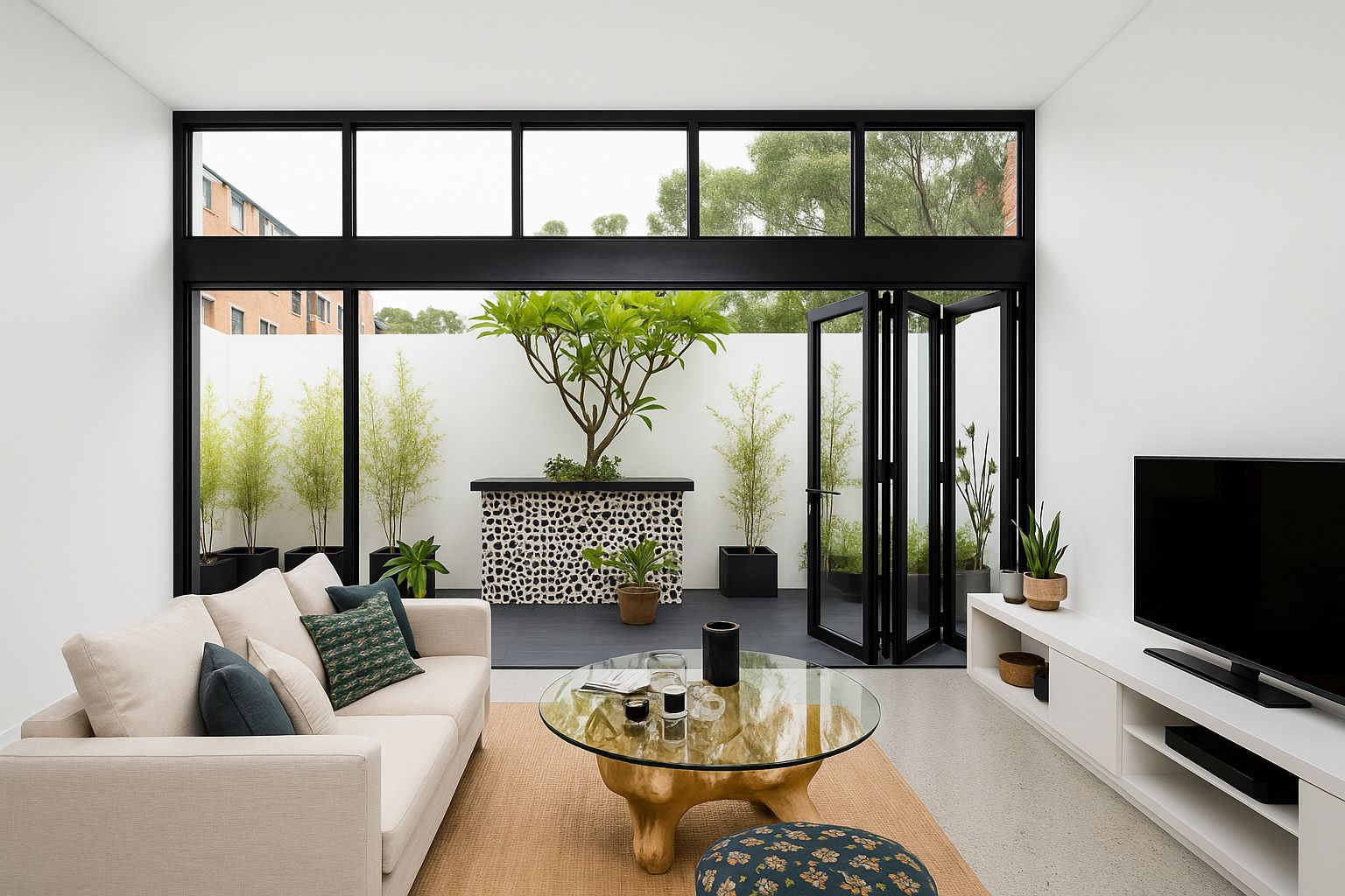 Cửa nhôm xếp gấp kết hợp vách kính cố định tối ưu ánh sáng cho phòng khách