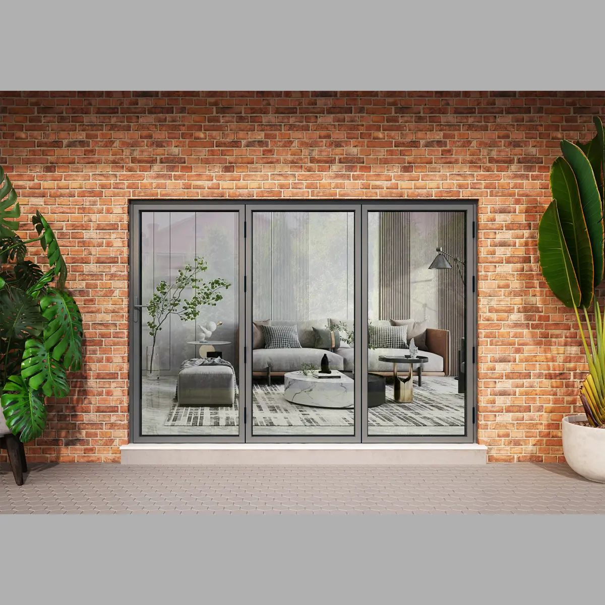Cửa đi mở xếp 3 cánh với kính trong suốt giúp mở rộng lối đi mà vẫn đảm bảo sự gọn gàng khi thu cánh về một phía