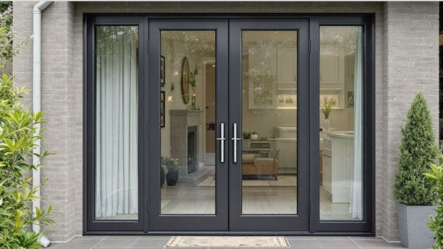 Cửa nhôm mở quay 4 cánh lệch giúp tạo điểm nhấn cho thiết kế nội thất