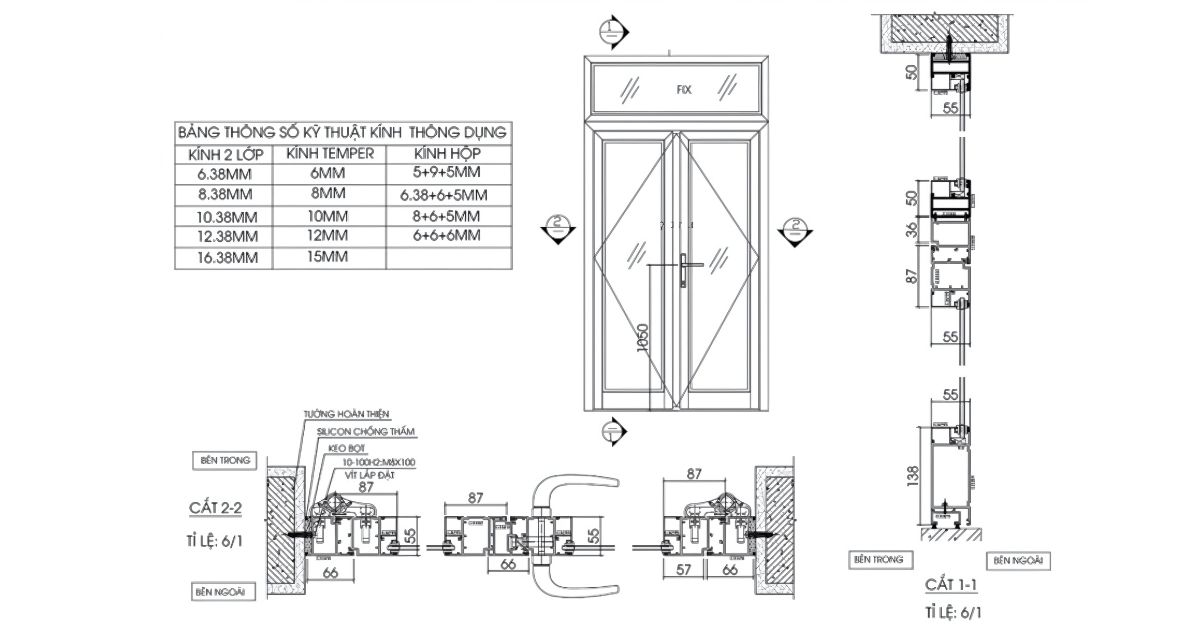 Bản vẽ mặt cắt ngang và dọc qua cửa chi tiết.