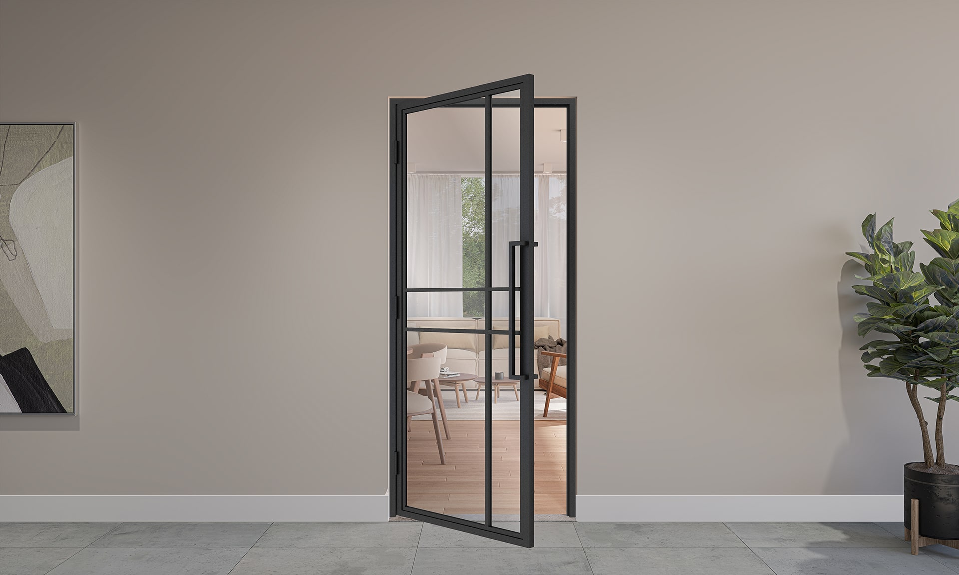 Cửa nhôm 1 cánh chia ô lệch kết hợp tông màu đen tạo sự sang trọng cho không gian