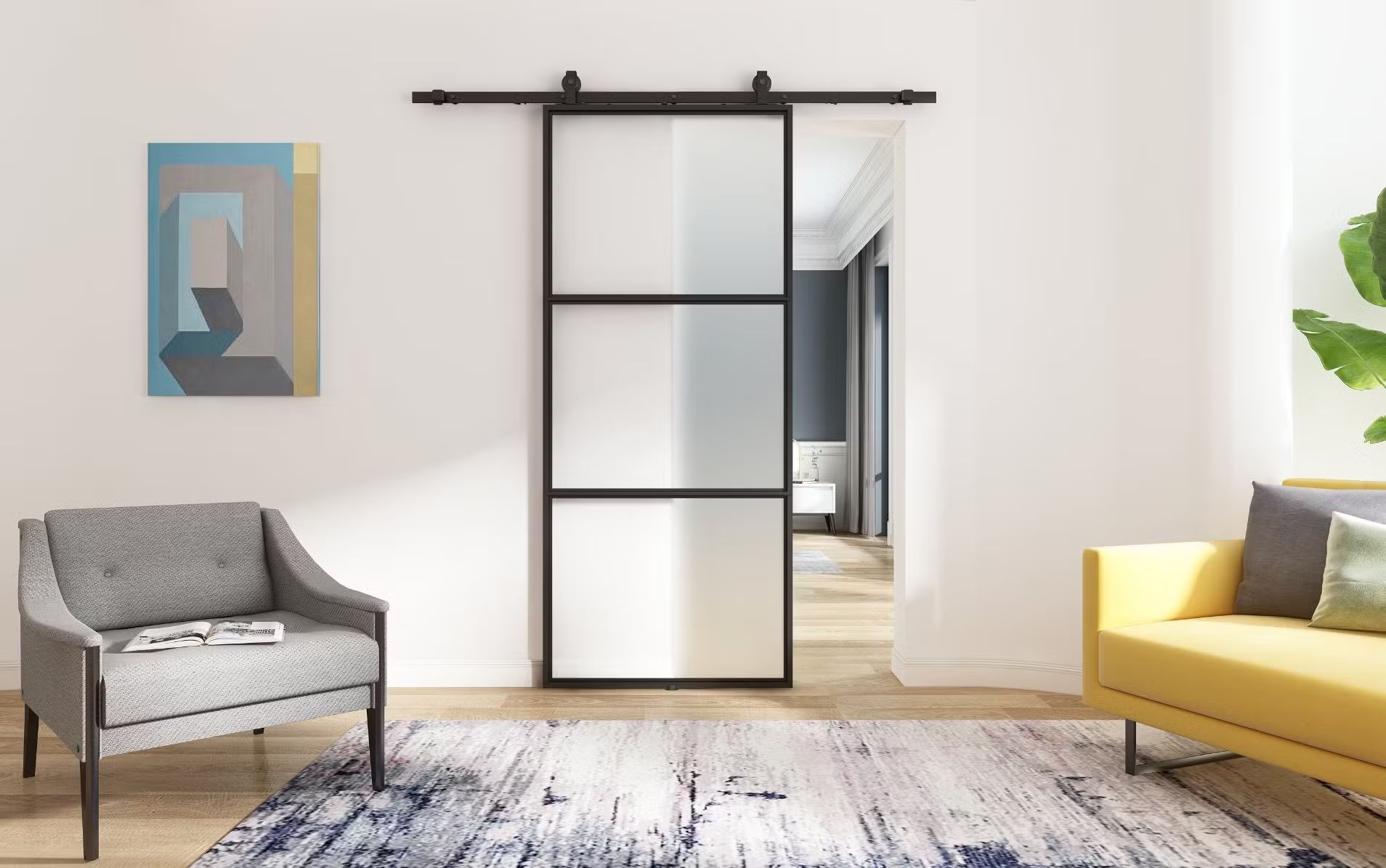 Mẫu cửa lùa treo 1 cánh kính đục tiết kiệm diện tích đóng - mở tối đa