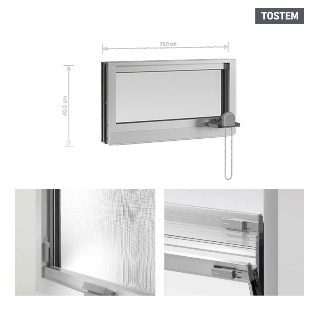 Cửa sổ hất tay kéo TOSTEM với thiết kế thông minh, bạn có thể mở cửa ở vị trí cao mà không cần với tay nhờ tay kéo vận hành dễ dàng