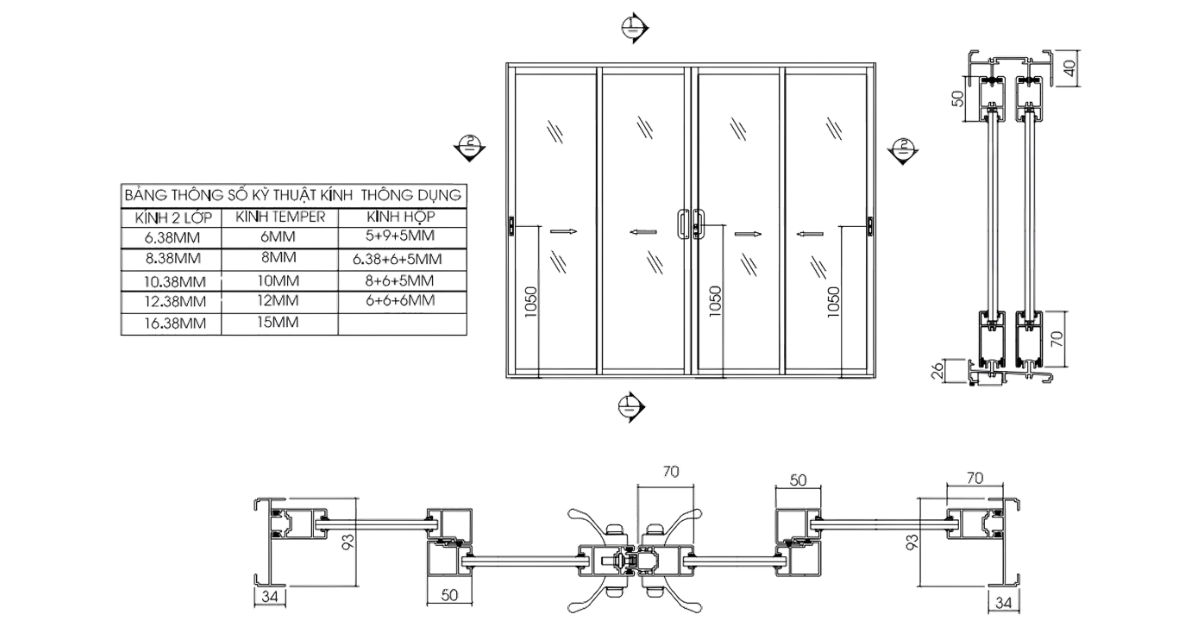 Mẫu bản vẽ cửa đi nhôm kính mở trượt 4 cánh 2 ray.