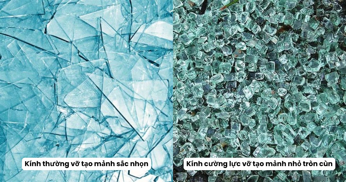 So sánh độ an toàn giữa mảnh vỡ của kính thường và kính cường lực.