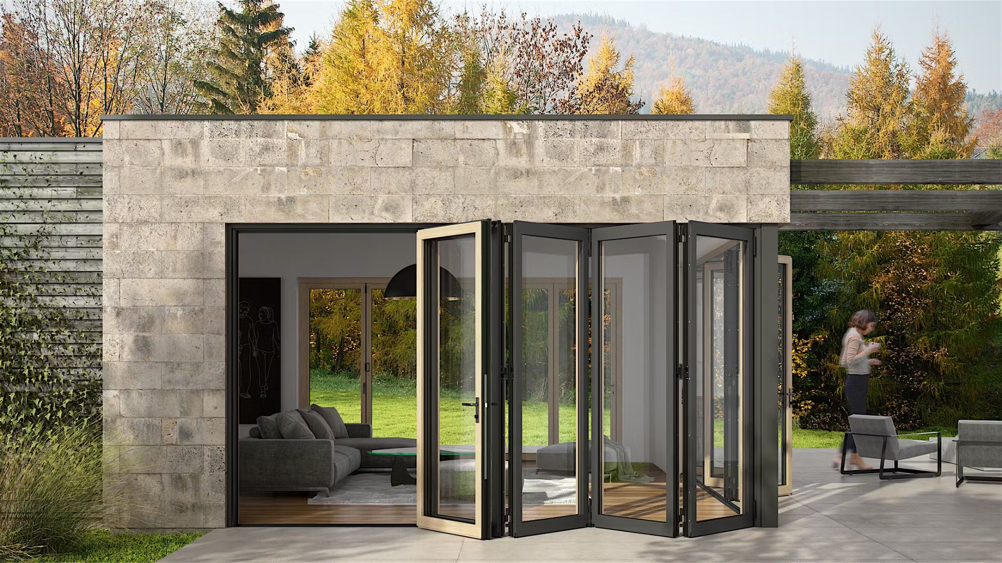 Cửa nhôm kính xếp trượt là mẫu cửa hoàn hảo cho các khu vực phòng khách nối ra sân vườn