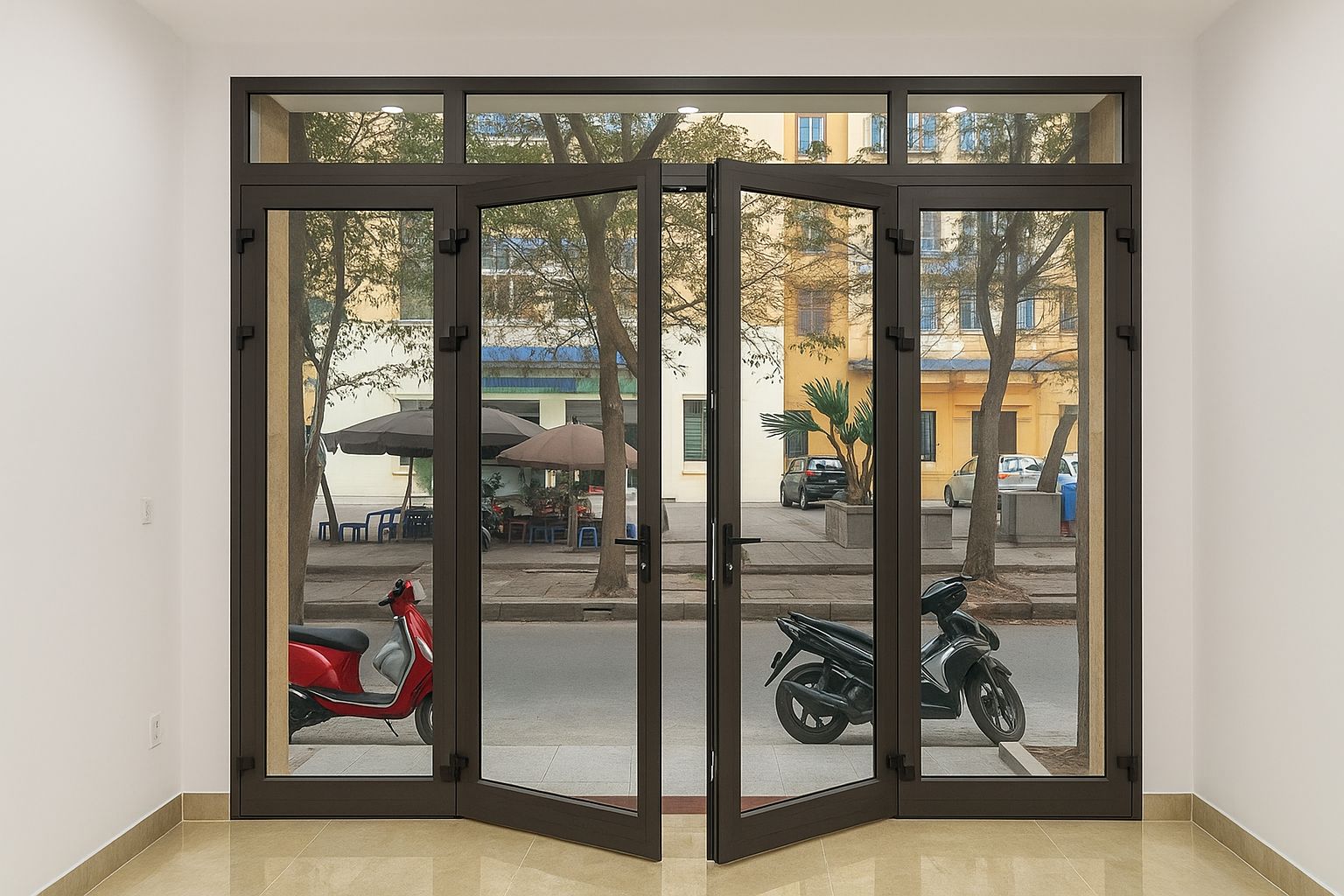 Cửa đi nhôm mở quay trong là lựa chọn hoàn hảo ngôi nhà mặt phố
