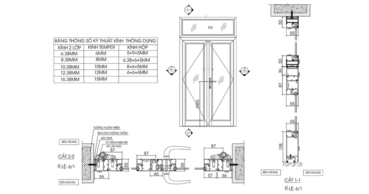 Mẫu bản vẽ cửa đi mở quay 2 cánh.