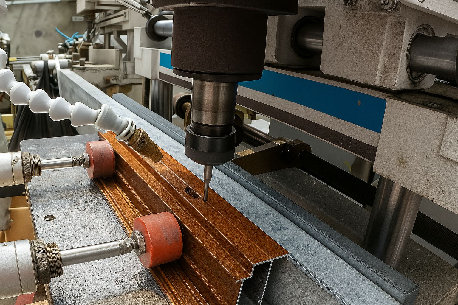 Cận cảnh công đoạn khoan lỗ thoát nước lên thanh cửa nhôm