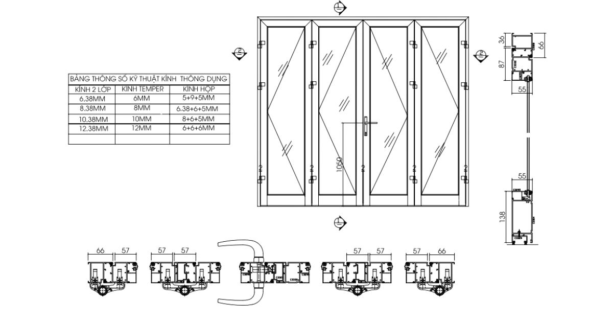 Mẫu bản vẽ cửa 4 cánh mở quay đều.