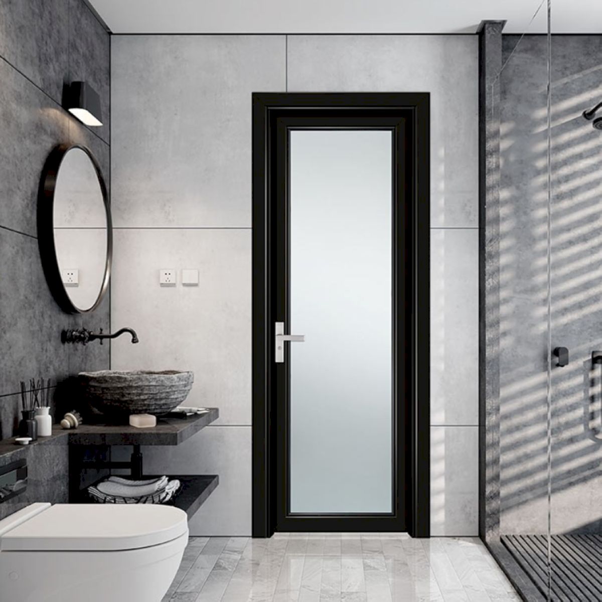 Cửa mở quay nhôm 1 cánh mở quay với khung nhôm màu đen lì kết hợp kính mờ tạo sự riêng tư tuyệt đối