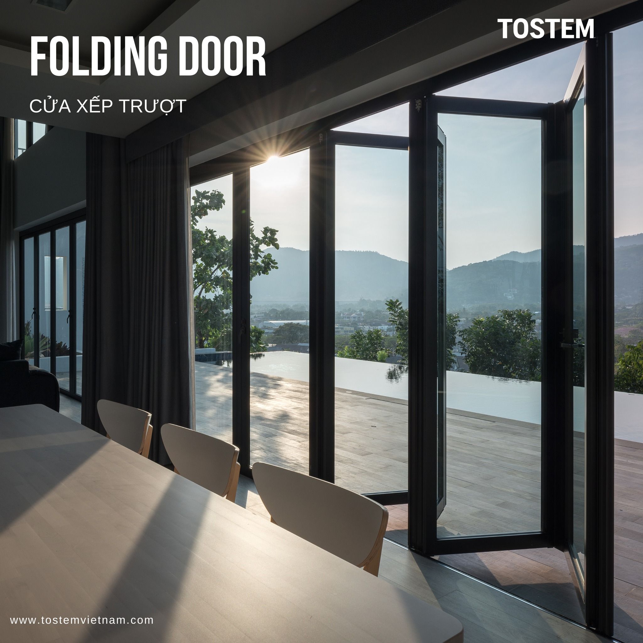 Khả năng mở rộng không gian tối đa ấn tượng của cửa xếp quay 4 cánh.