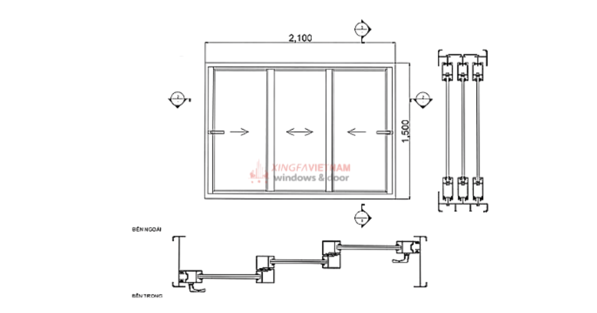 Mẫu bản vẽ cửa sổ nhôm kính 3 cánh 3 ray.