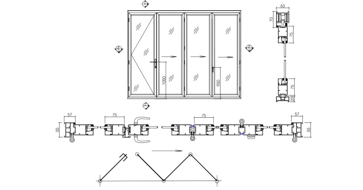 Mẫu bản vẽ cửa 4 cánh mở xếp trượt thể hiện rõ hướng di chuyển của từng cánh