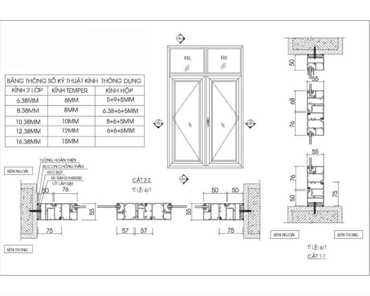 Bản vẽ mặt cắt ngang cửa sổ mở quay nhôm kính.
