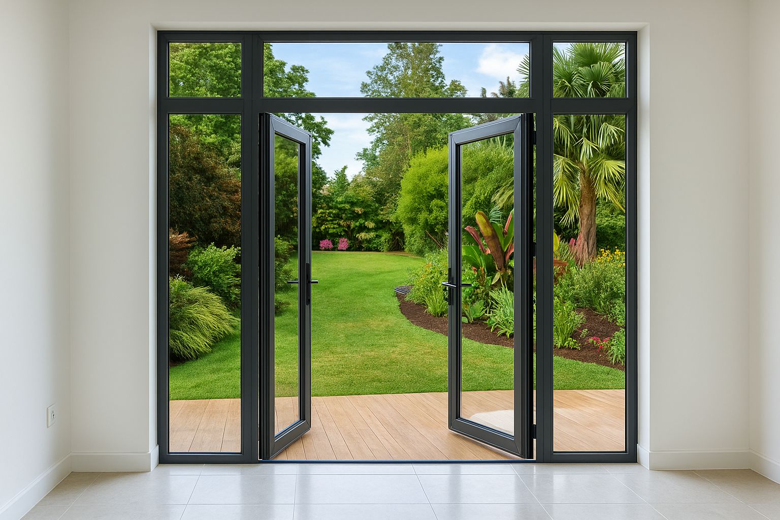 Cửa nhôm mở quay 2 cánh hướng ra sân vườn cực thoáng đãng