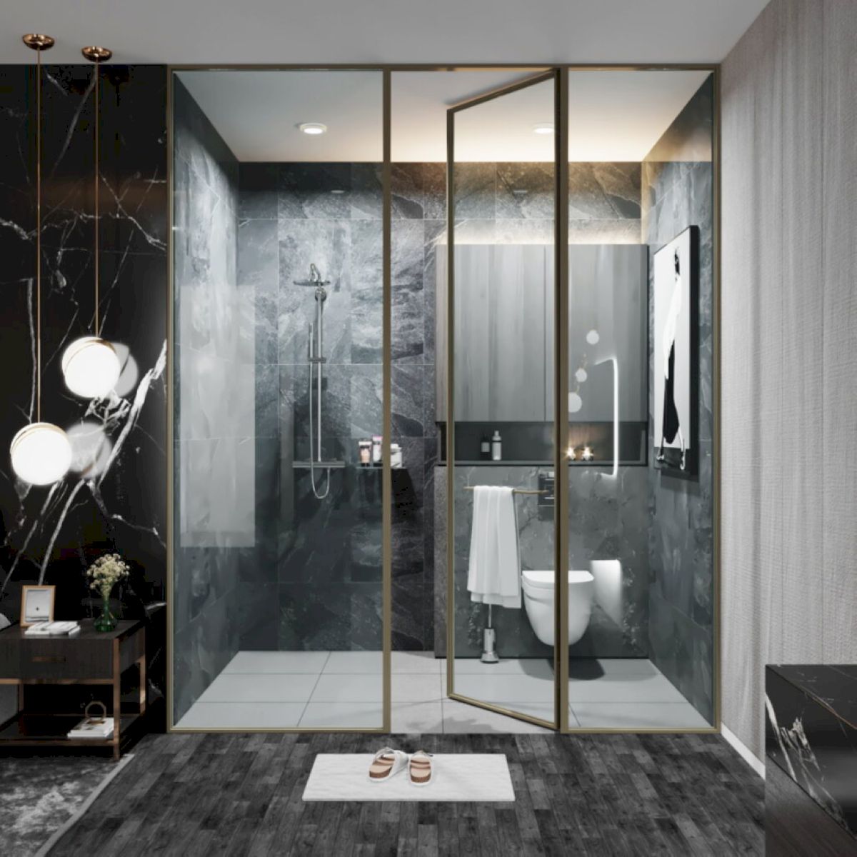 Cửa quay nhôm vách ngăn cố định được ứng dụng trong thiết kế phòng tắm khách sạn 5 sao, tạo điểm nhấn sang trọng với khung nhôm viền mỏng