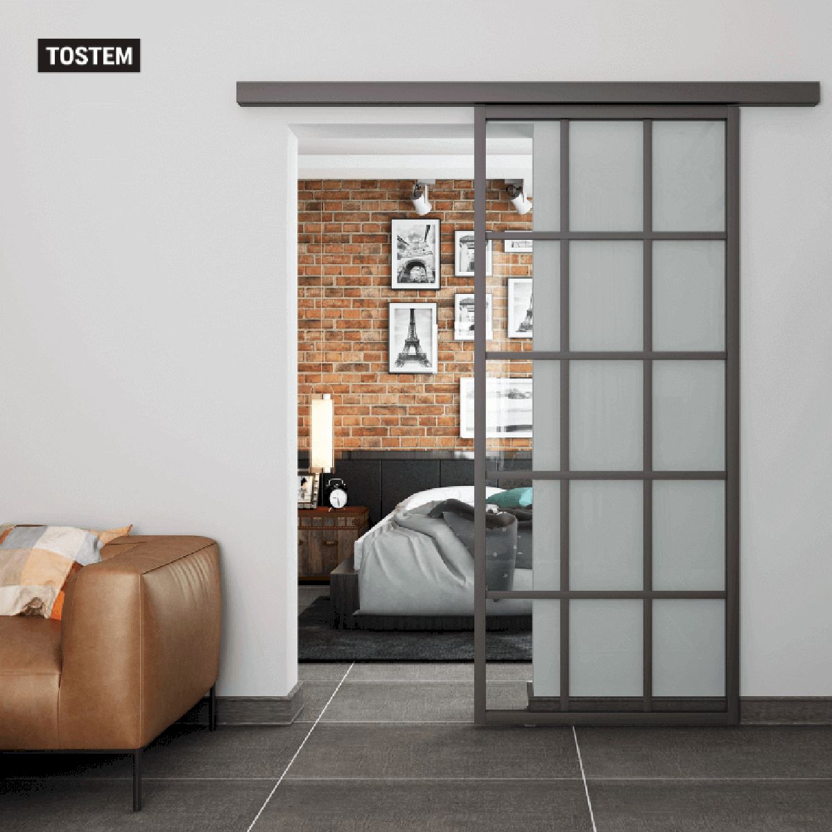 Mẫu cửa nhôm kính lùa treo 1 cánh chia ô vuông màu xám sang trọng