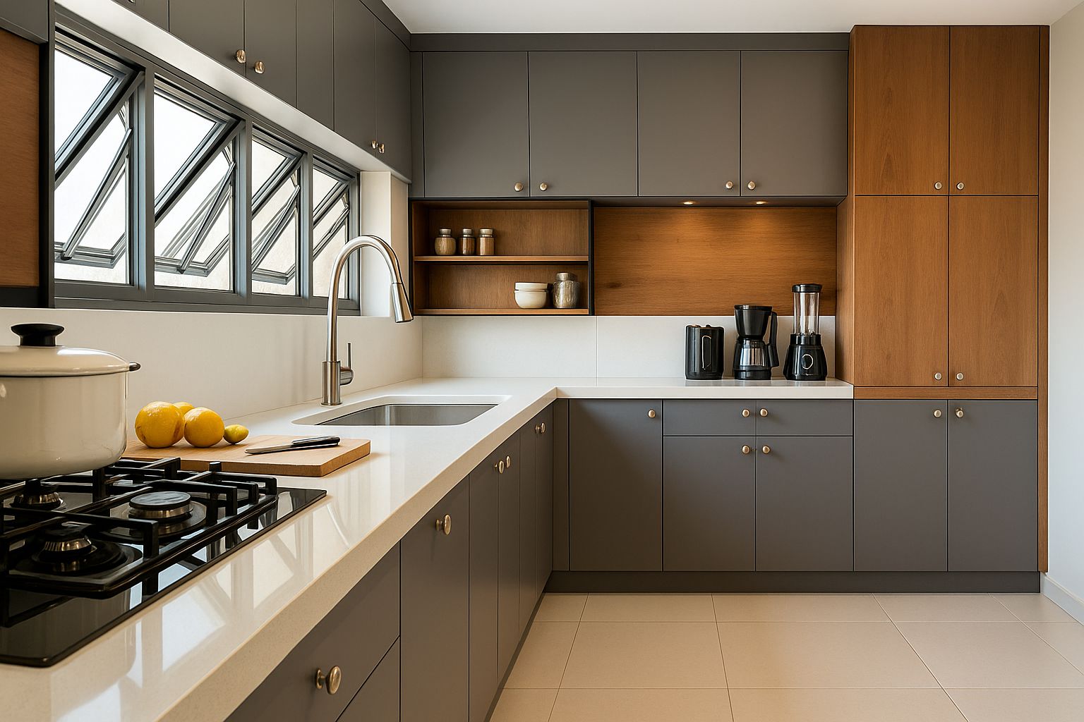 Mẫu thiết kế cửa sổ 4 cánh mở hất cho phòng bếp hiện đại