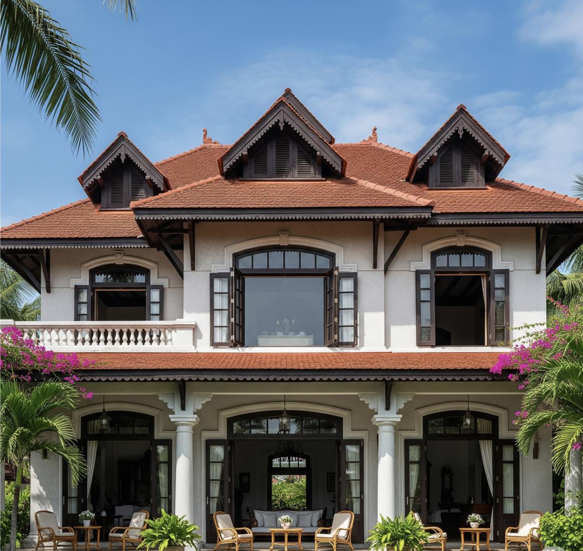 Biệt thự Indochine mái ngói đỏ, tường vàng kinh điển. 
