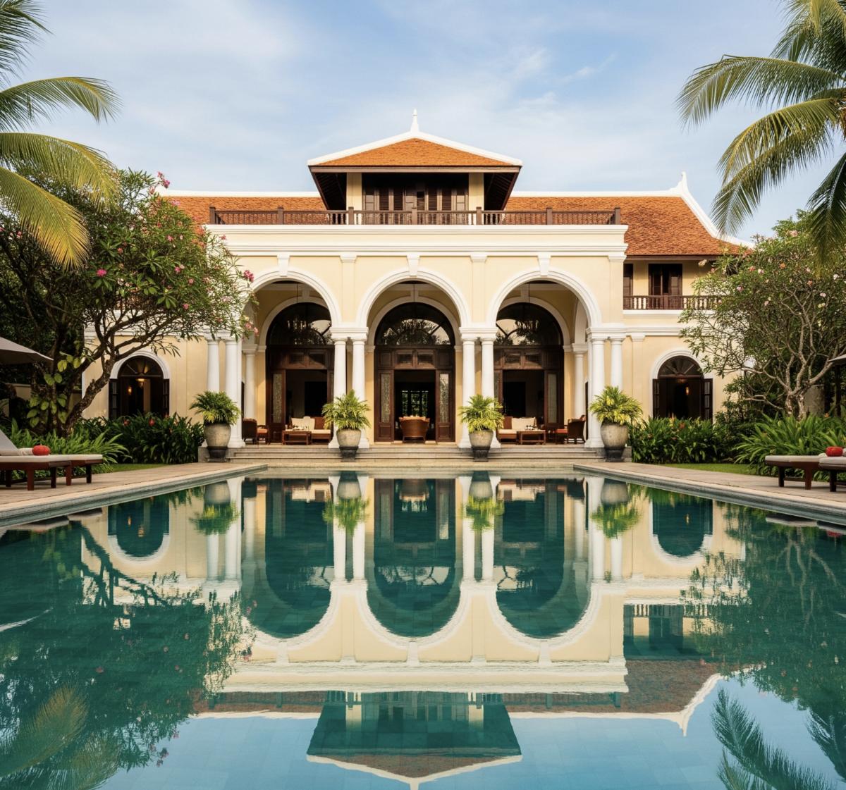 Biệt thự Indochine soi bóng duyên dáng trên mặt nước. 
