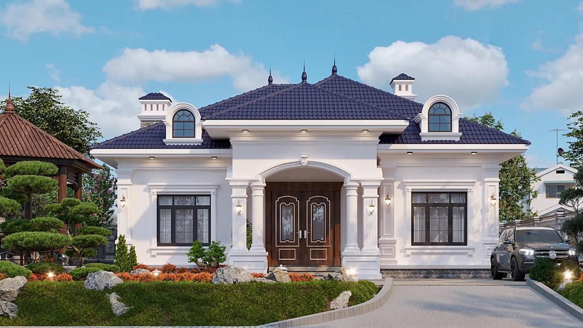Biệt thự mái Nhật tân cổ điển sang trọng, gam màu trắng – kem