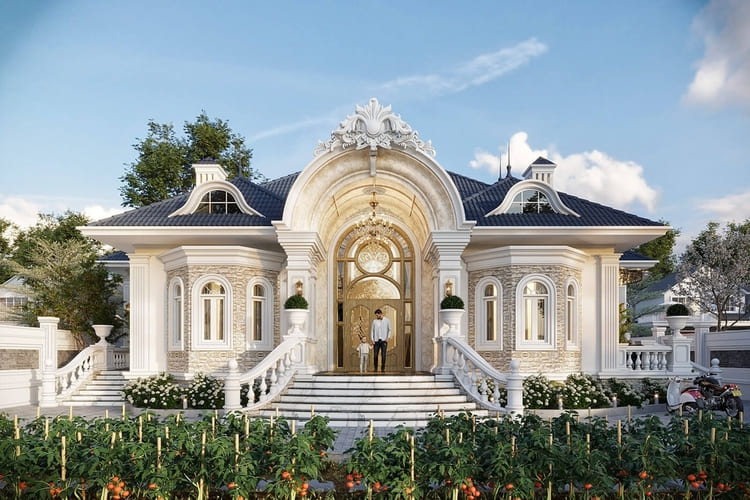 Biệt thự nhà vườn tân cổ điển toát lên vẻ sang trọng nhờ bố cục hài hòa, chi tiết tinh tế