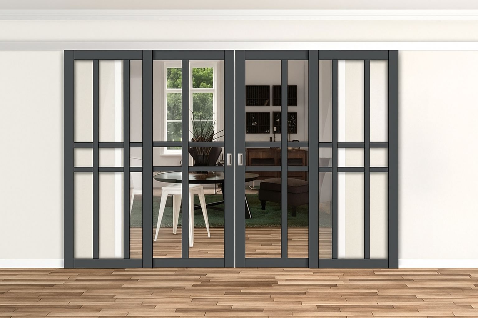 Cửa nhôm lùa 4 cánh 1 ray thường được lắp đặt ở khu vực có vách tường đủ rộng