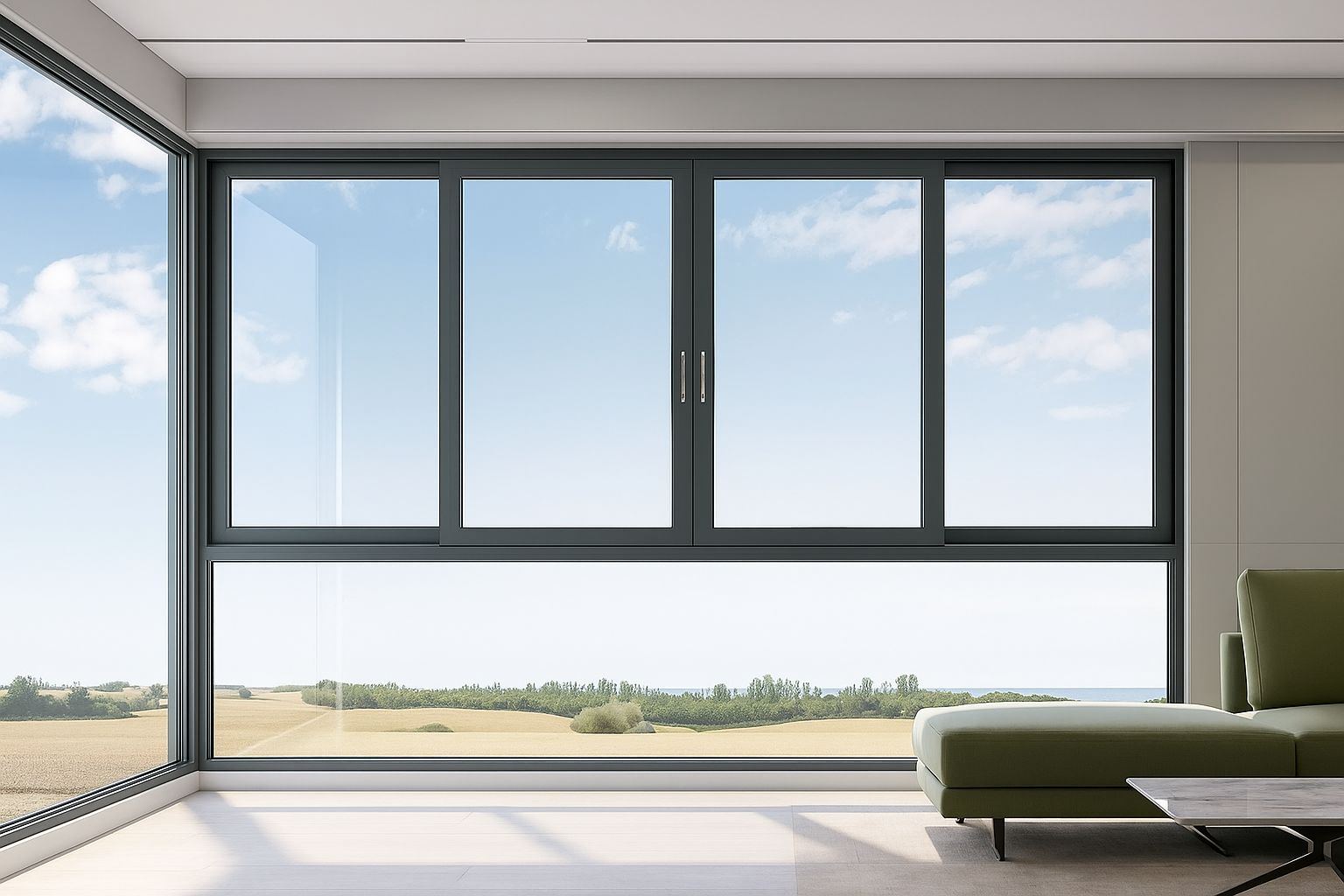 Cửa nhôm trượt 4 cánh kết hợp vách cố định tối ưu ánh sáng tự nhiên hiệu quả