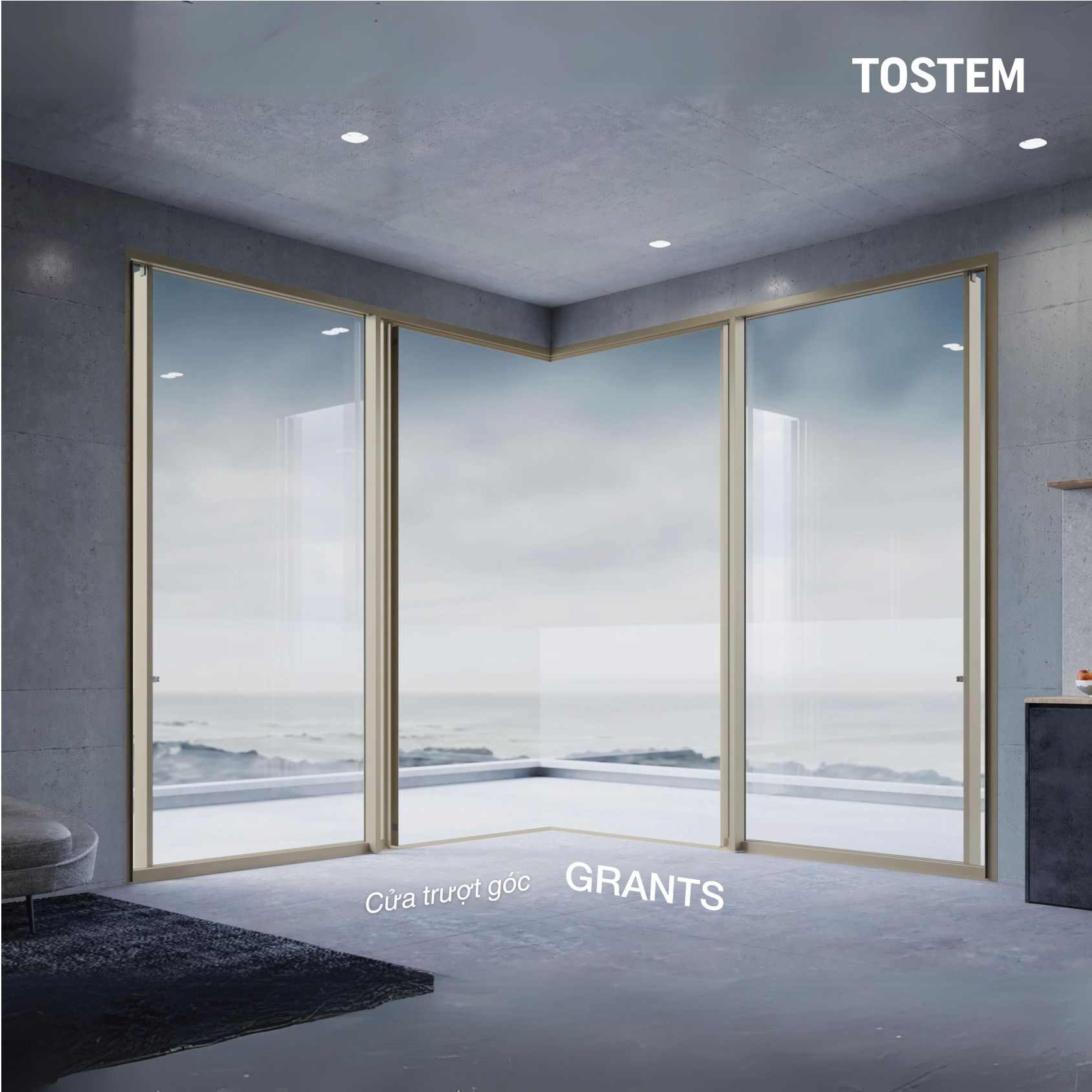 Cửa trượt góc 4 cánh thuộc hệ GRANTS của TOSTEM cho phép bạn mở toàn bộ góc của căn phòng, lấy sáng tối đa cho không gian rộng rãi.
