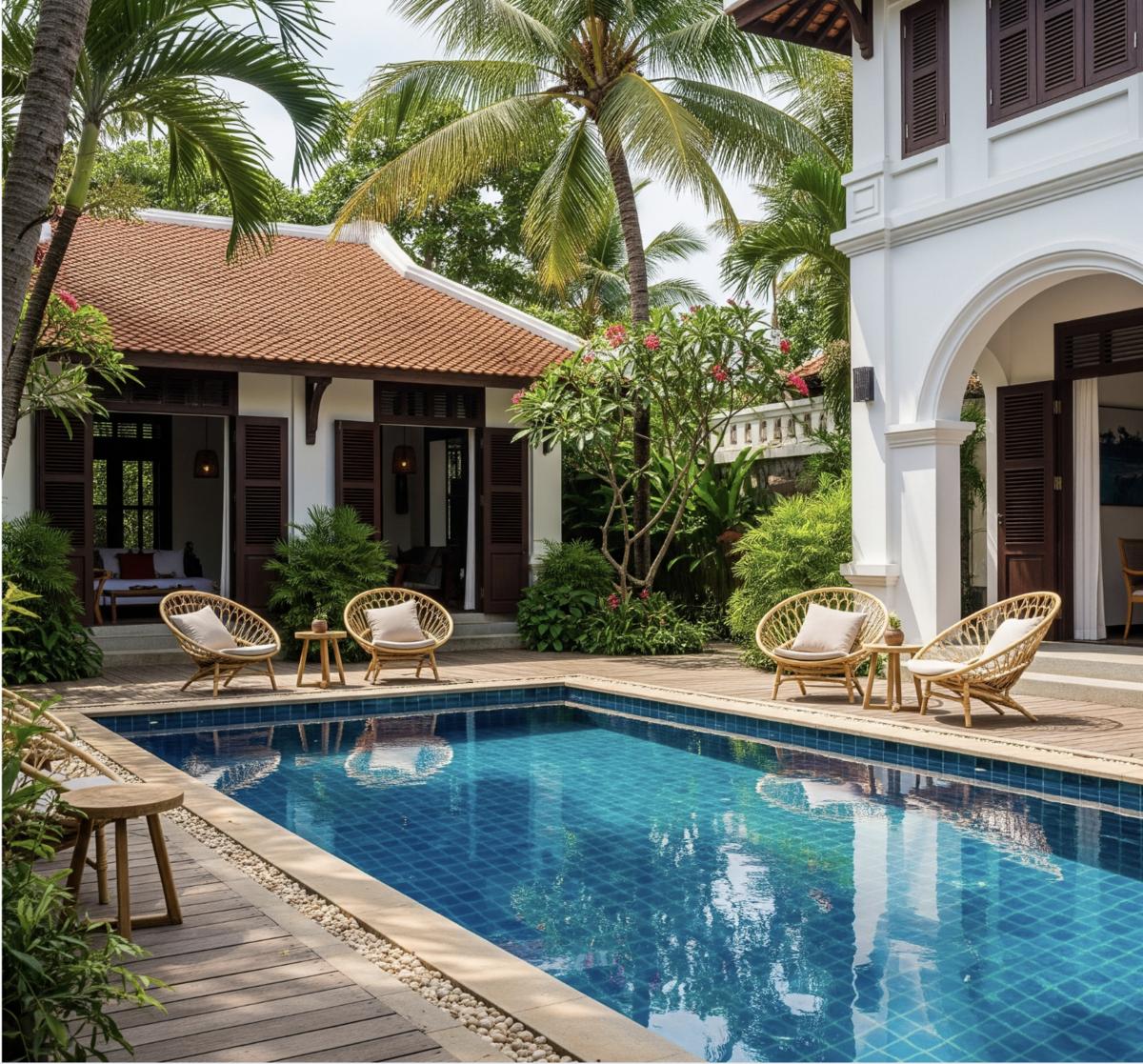 Hồ bơi lát sàn gỗ, ghế mây thư thái.
