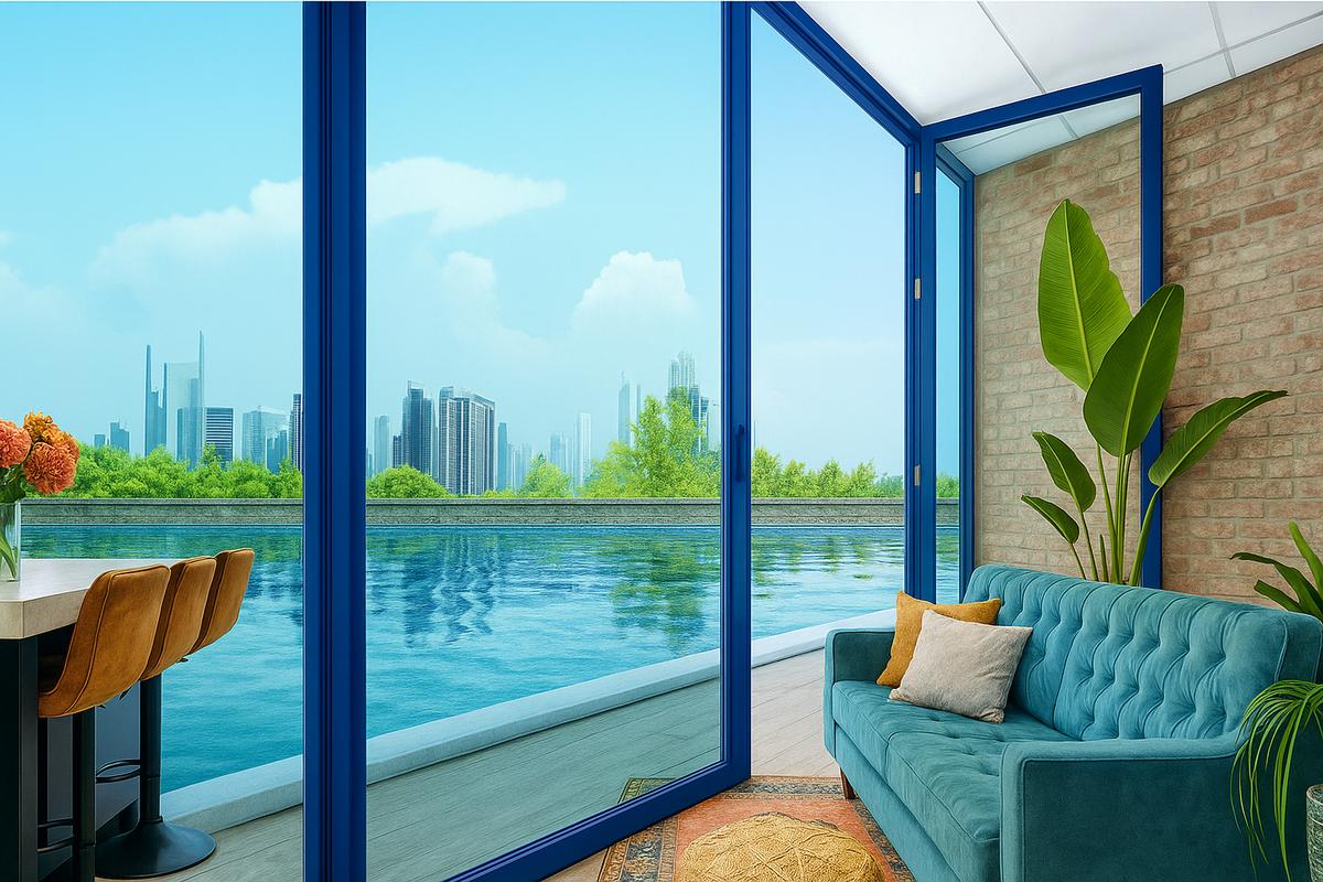 Khung nhôm và kính cường lực xanh dương nhạt